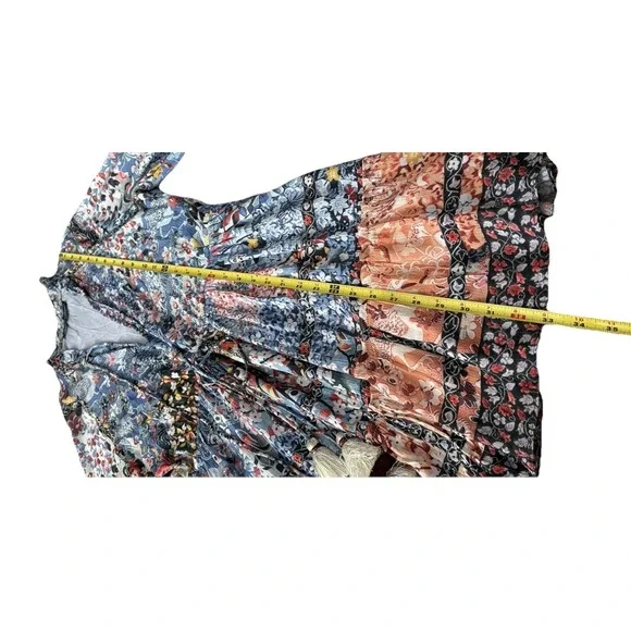 NEW Hemant & Nandita Blue Floral Mini Dress Boho Bohemian Peasant Long Sleeve M - Picture 10 of 15